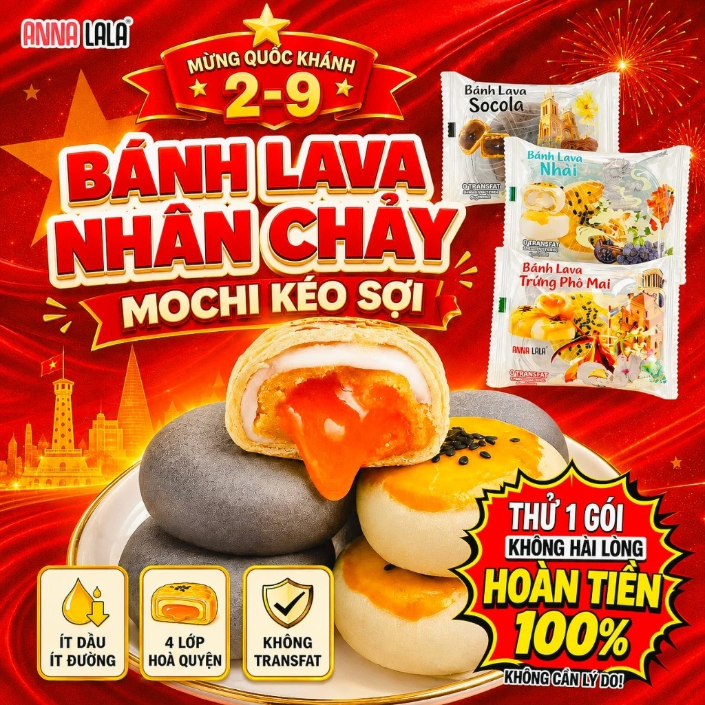 BÁNH LAVA NHÂN CHẢY 45g BAO BÌ MỚI nhân chảy, Mochi Kéo Sợi– GIẢM DẦU, ÍT NGỌT, Dẻo Mềm,Thơm Ngon,4 tầng vị giác