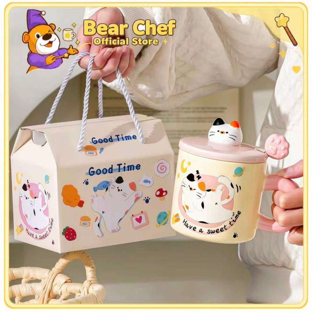 Quà tặng cốc sứ Ly sứ có nắp hình Chú Mèo Vui Vẻ 400ml thích hợp làm quà tặng đi kèm có muỗng và ống hút thủy tinh
