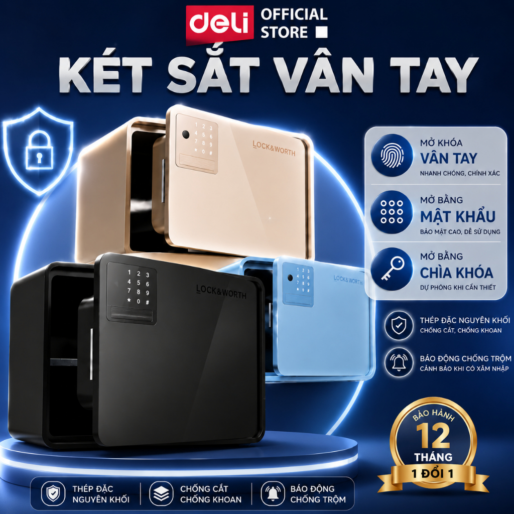 Két Sắt Mini Điện Tử Deli x Locksworth Két Sắt Bảo Mật Vân Tay Thông Minh 2 Kích Thước Nhiều Màu Bảo Hành 12 Tháng