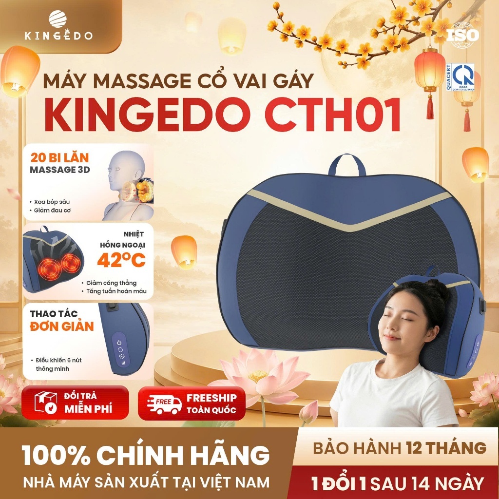 Gối masage công thái học KingEdo CTH01 - Massage đa chức năng chườm nóng có nhiệt hồng ngoại , máy sạc pin tích điện