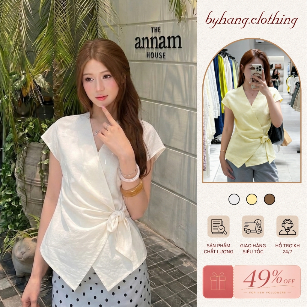 Áo kiểu nữ linen lệch tà thắt eo buộc nơ phong cách Hàn Quốc, áo nữ chất linen màu basic che khuyết điểm tôn dáng A0085