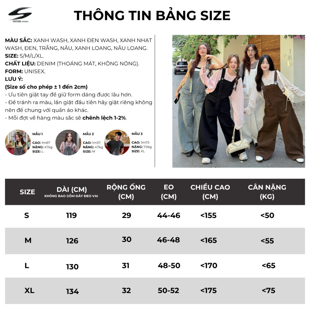 [Deal Độc Quyền ShopeeVIP] Quần Yếm Jean Nữ Ống Rộng Form Unisex Yếm Bò Denim Dày Dặn Che Khuyết Điểm SSSTORE.Aesthetic | BigBuy360 - bigbuy360.vn