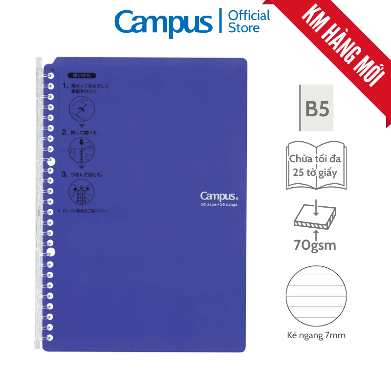 Sổ Còng Nhập khẩu Campus Smart Ring Slim Mỏng Nhẹ Khổ B5-S 26 Còng Sức Chứa 25 Tờ, Màu Tím, Còng Nhựa Có Thể Tháo Rời
