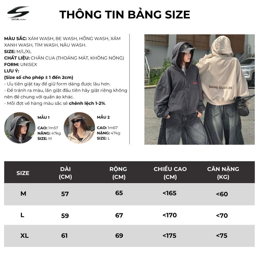 [Deal Độc Quyền ShopeeVIP] Áo Khoác Zip Wash PREMIUM In Nổi Vải Nỉ Chân Cua Boxy Unisex Rộng Nam Nữ | SSSTORE.Aesthetic | BigBuy360 - bigbuy360.vn