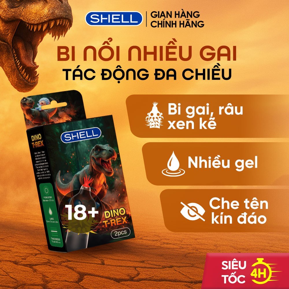 Bao Cao Su Shell Dino T-Rex - 1 Bao Nhiều Hàng Gài, Bi Nổi Lớn + 1 Bao Shell Performax (Hộp 2 Cái)