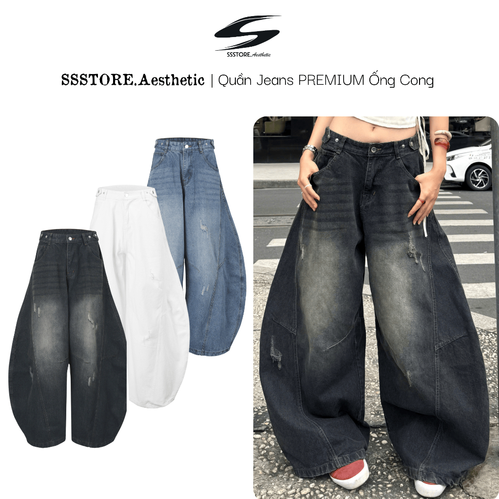 [Deal Độc Quyền ShopeeVIP] Quần Jean Ống Cong PREMIUM Form Rộng Tôn Dáng Nam Nữ Thiết Kế Đai Siết Eo | SSSTore.Aesthetic