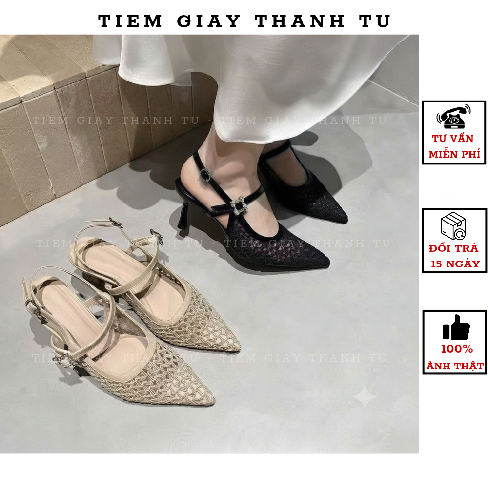 49 [tiemgiaythanhtu]Giày sandal cao gót mũi ren lưới phối quai hậu đính đá tiểu thư, guốc nữ gót nhọn sang trọng
