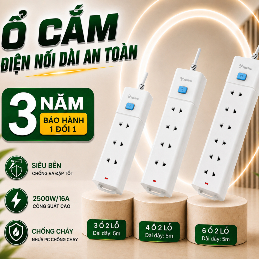 Ổ Cắm Điện Nối Dài Chịu Tải Cao 2500W An Toàn GONEO dây dài 3-5m  , Chống cháy