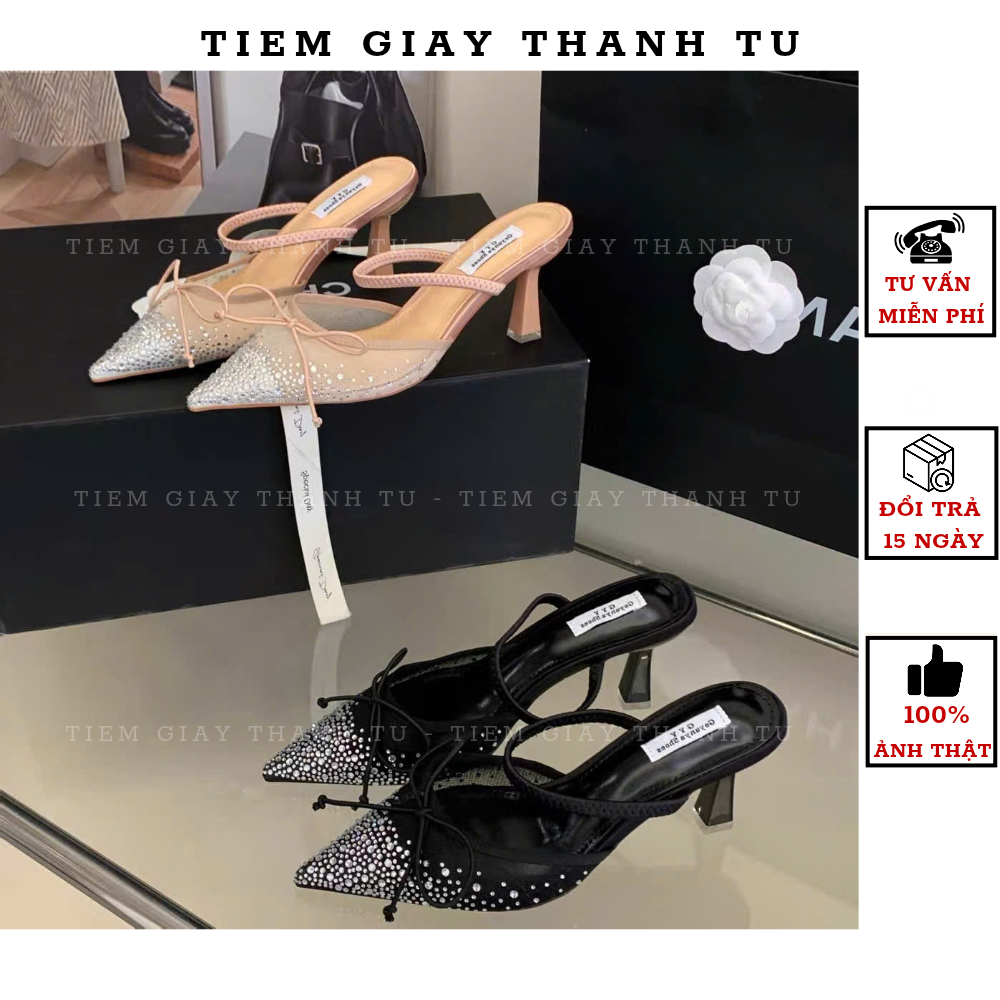 TB-69 Guốc cao gót nữ mũi nhọn đính đá lấp lánh phối lưới thời trang, dép cao gót quai mảnh thắt nơ sang trọng