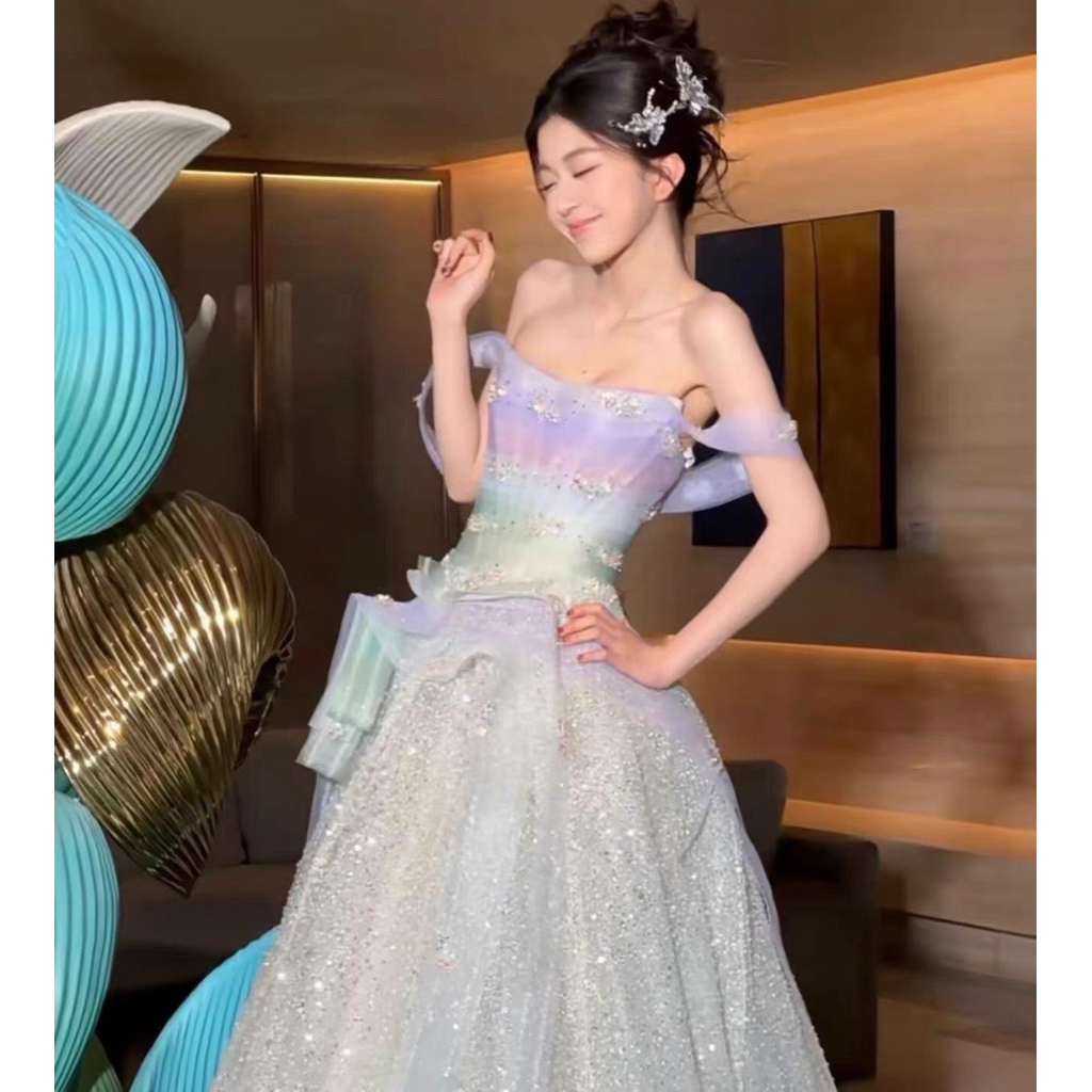 Đầm dạ hội công chúa pastel đính kim sa lấp lánh, trễ vai tay voan, dáng xòe sang trọng dự tiệc