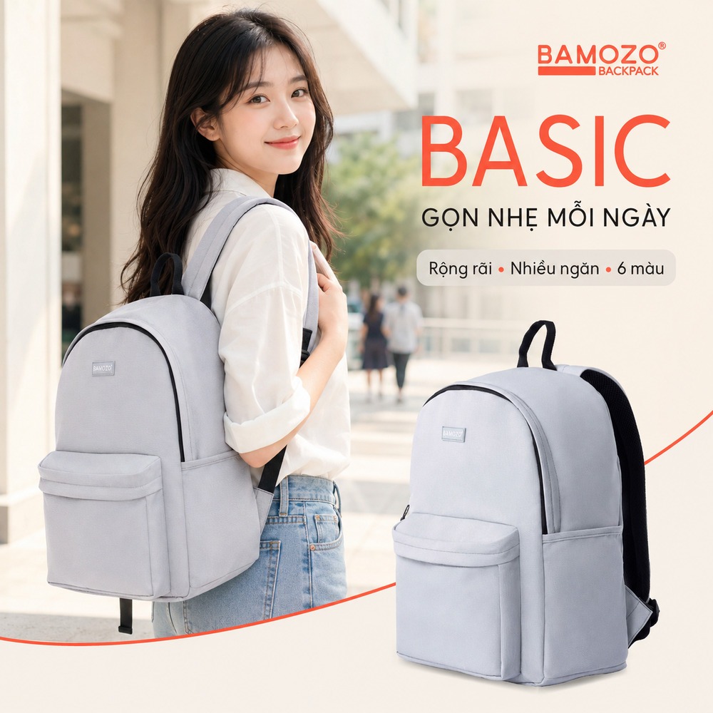 Balo đi học nam nữ Bamozo Basic Backpack đựng laptop 15.6 inch trượt nước tốt nhiều ngăn_BL04