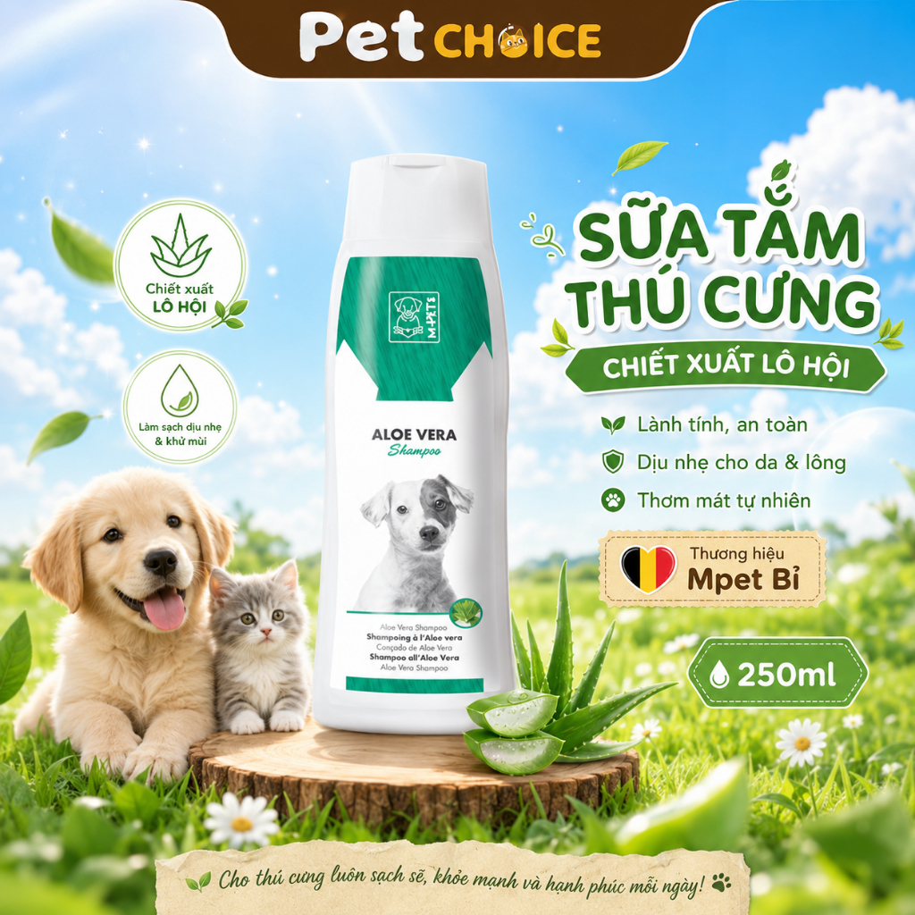 Sữa tắm cho chó mèo Aloe Vera 250ml MPETs Bỉ chiết xuất lô hội làm sạch sâu khử mùi hôi (PET 0011)