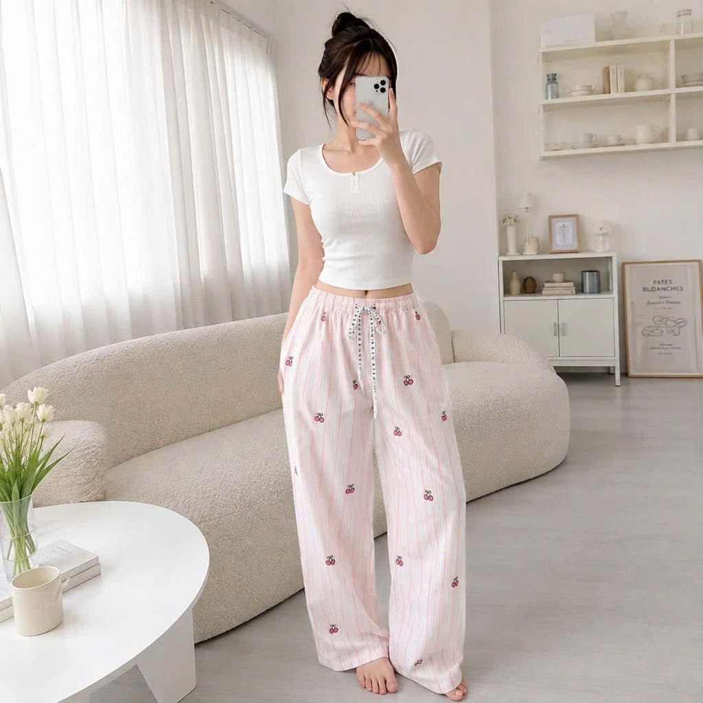 Quần suông nữ YUSTUDIO, quần dài nữ, quần ống rộng chất đũi vân mây hoạ tiết
