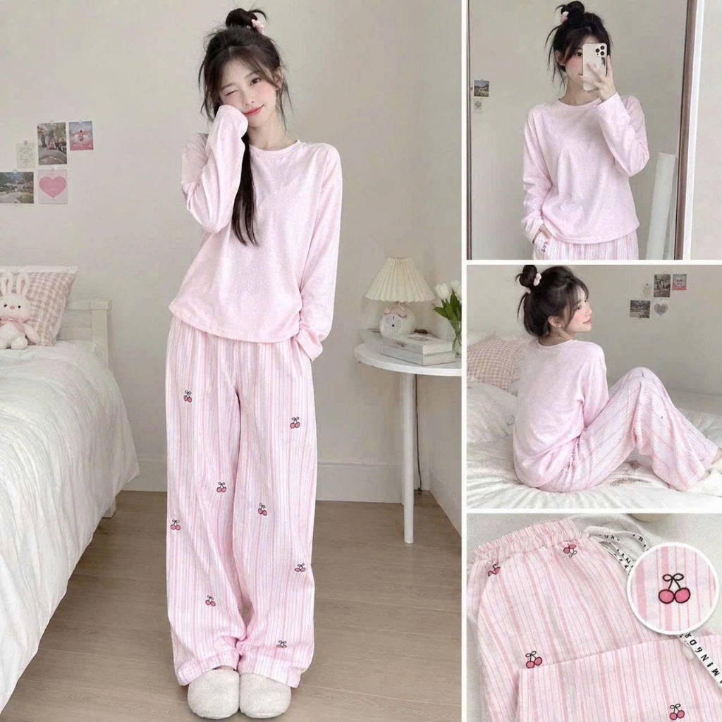 Bộ thun nữ YUSTUDIO chất áo giấy tay dài kèm quần đũi suông dài mặc mua thu đông mẫu Áo Hồng Tay Dài