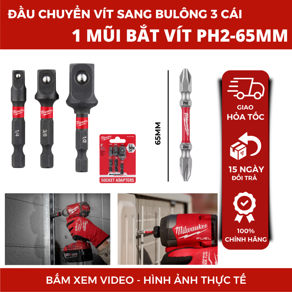 Đầu chuyển vít sang bulông 3 cái | 1 mũi bắt vít PH2-65mm Milwaukee Đầu chuyển 48-32-5033+48-32-4361