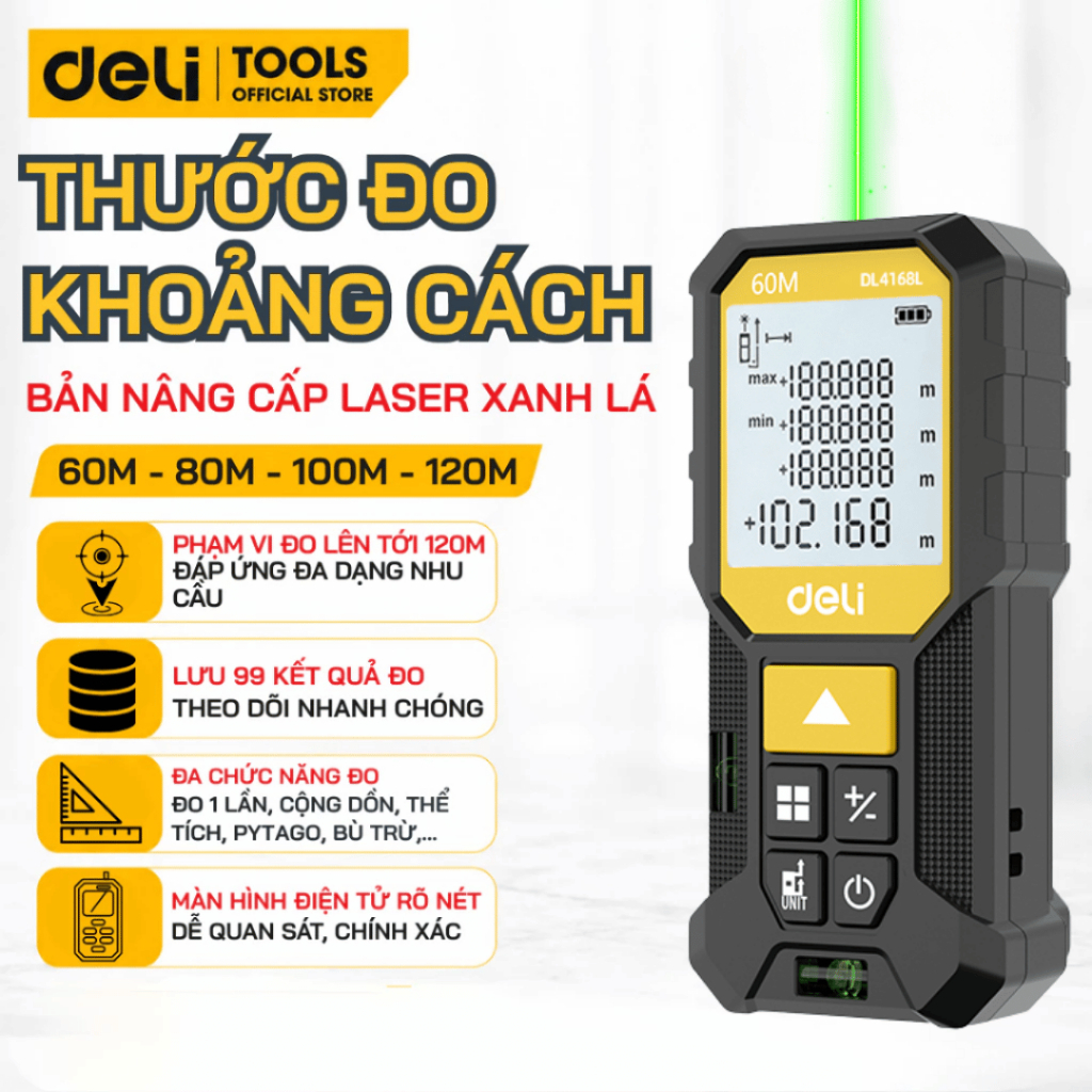 Máy Đo Khoảng Cách Laser Xanh Lá Chính Hãng Deli - Đa Chức Năng, Lưu Trữ 99 Kết Quả Bỏ Túi Nhỏ Gọn