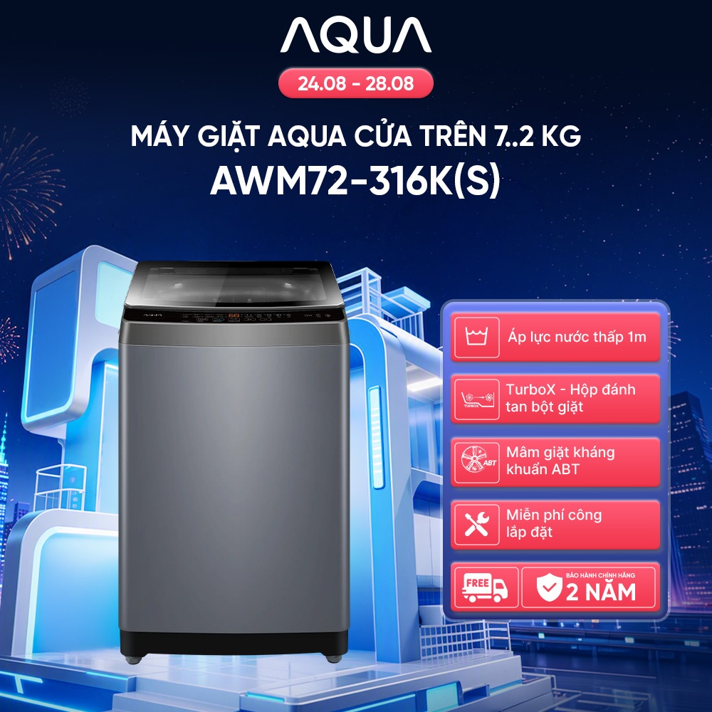 [DEAL XỊN THÁNG 8] Máy giặt Aqua 7.2 kg AWM72-316K(S) - Bảo hành 2 năm - Freeship - Có đồng kiểm | BigBuy360 - bigbuy360.vn