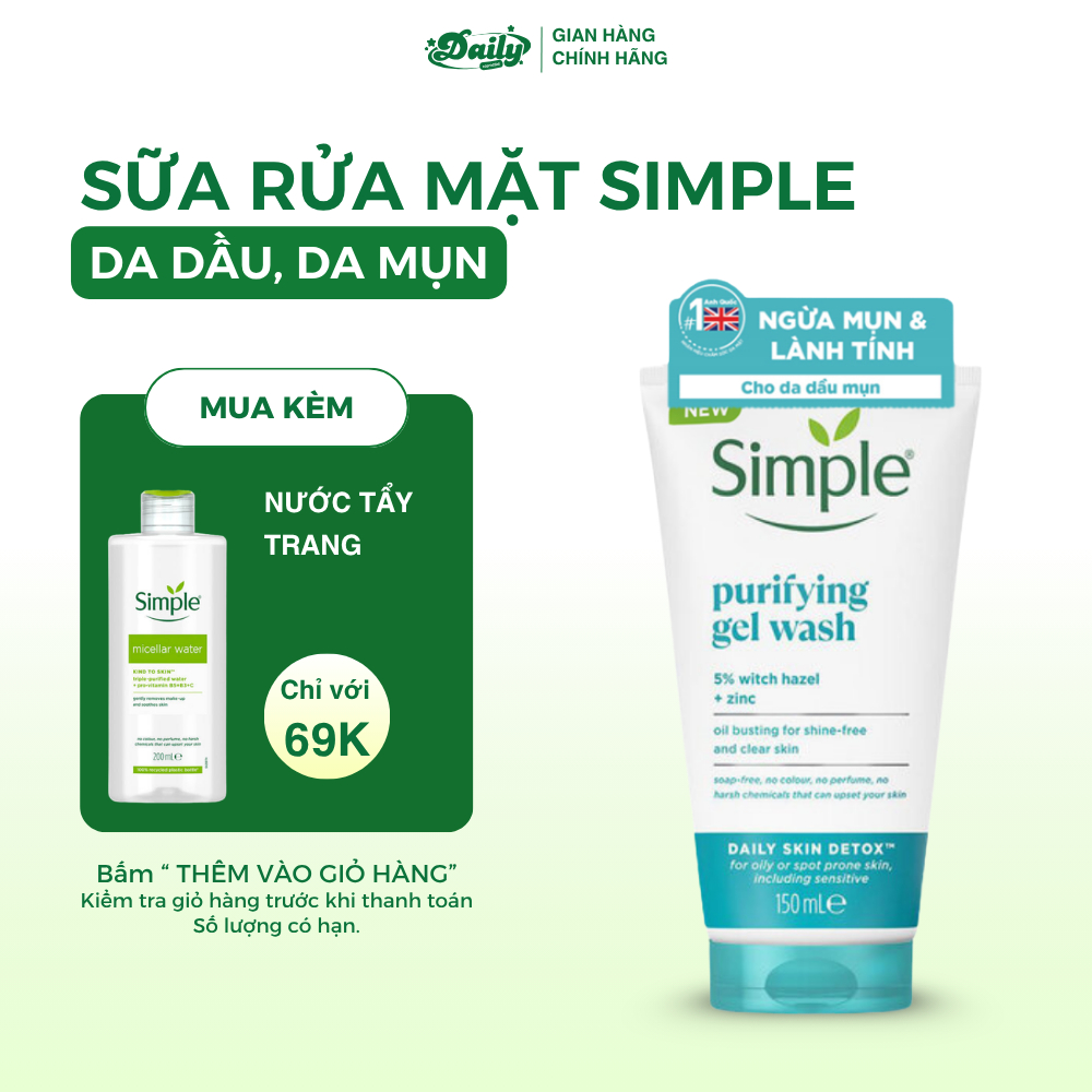 Sữa rửa mặt Simple giúp kiềm dầu, ngăn ngừa mụn, thông thoáng lỗ chân lông, dành cho da dầu mụn