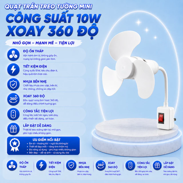 Quạt Trần Mini Gắn Đui Đèn E27 Kèm Phích Cắm – Quạt Trần Mini 3 Cánh Làm Mát Phòng, Quạt Tiết Kiệm Điện Cho Phòng