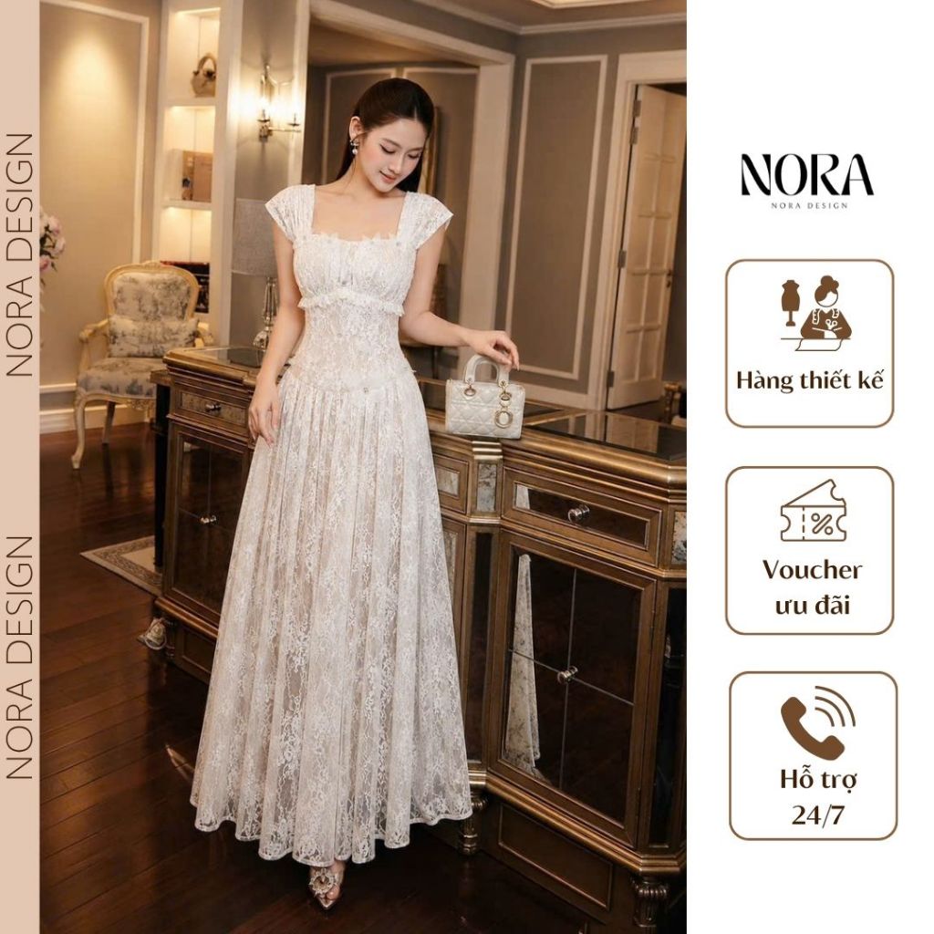Váy Dài Dự Tiệc Cao Cấp NORA, Đầm Ren Cổ Vuông Đính Đá Dáng Xòe Maxi Lót Lụa Tiểu Thư Xinh Sang T636