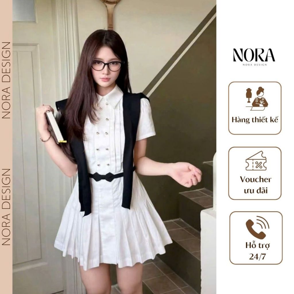 Váy Dáng Xòe Công Sở NORA, Đầm Ngắn Cổ Đức Đính Hai Hàng Cúc Kèm Khăn Choàng Vai Rời T637