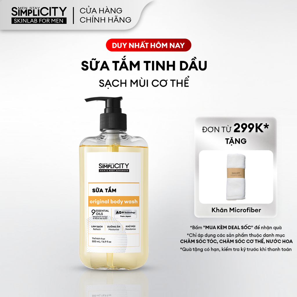 Sữa tắm hương tinh dầu Men Stay Simplicity Body Wash hỗ trợ sạch khuẩn, khử mùi với Ion Bạc+ 500ml