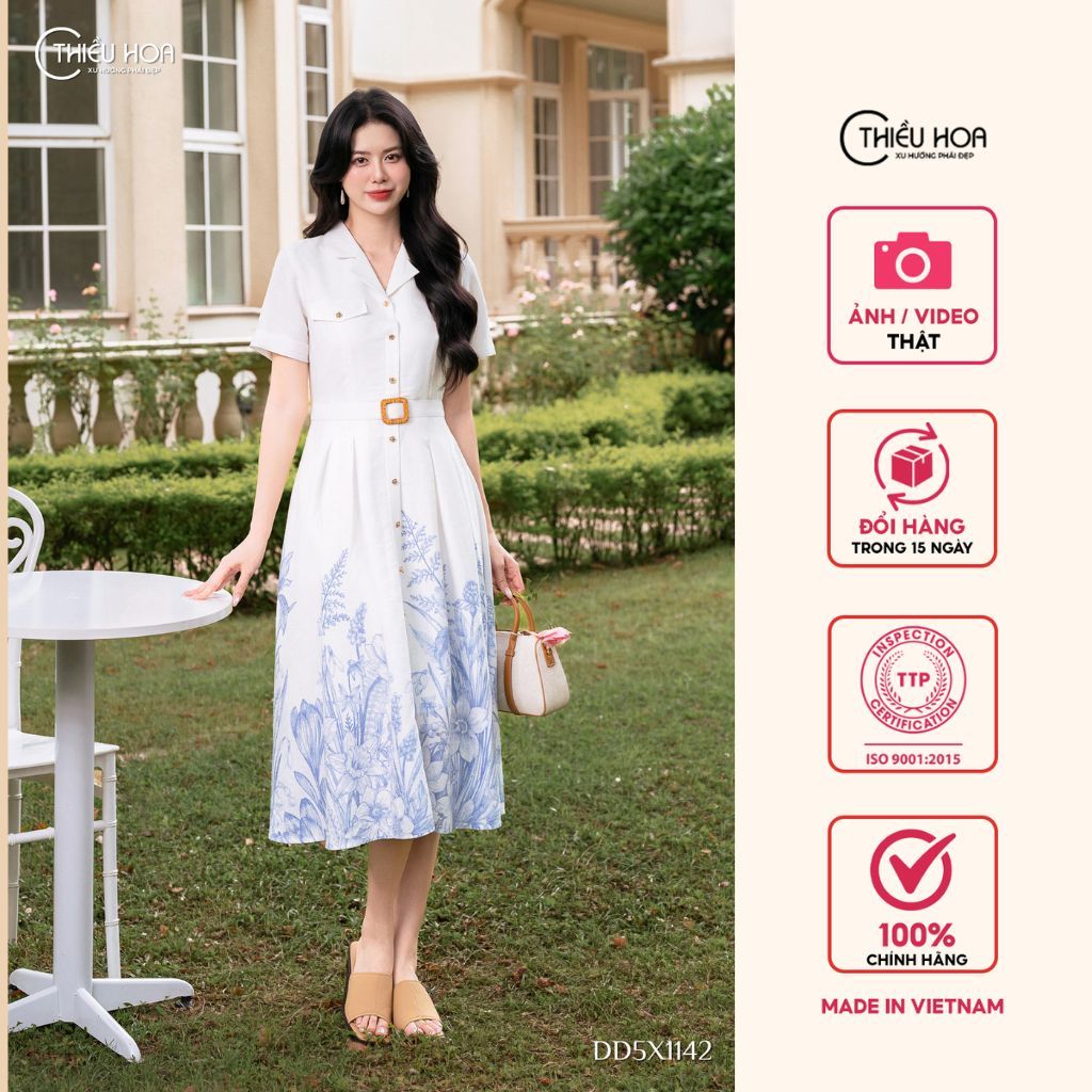 Đầm thiết kế chất liệu Vải dệt in họa tiết với phong cách thanh lịch, sang trọng thương hiệu Thiều Hoa DD5X1142