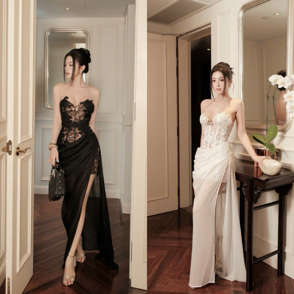 Đầm Ren Cổ Yếm Đính Charm Phối Lưới Xẻ Tà Quyến Rũ