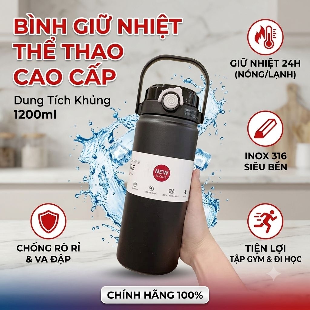 ​Bình Giữ Nhiệt Thể Thao Inox 316 Cao Cấp 1200ml – Bình Nước Có Ống Hút, Quai Xách Đi Học Đi Làm Tập Gym Tiện Lợi
