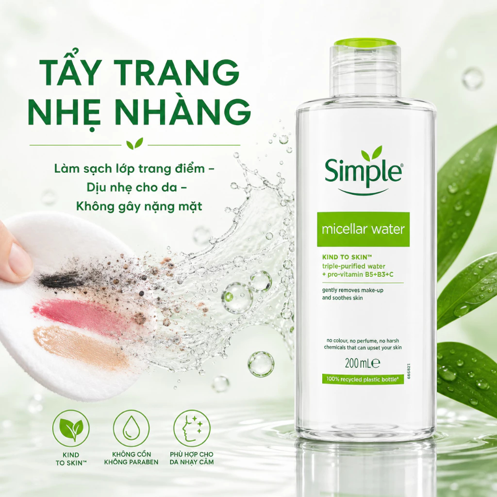 Nước Tẩy Trang Simple Micellar Water Kind To Skin, Làm Sạch, Cấp Ẩm Chai 200ml | BigBuy360 - bigbuy360.vn