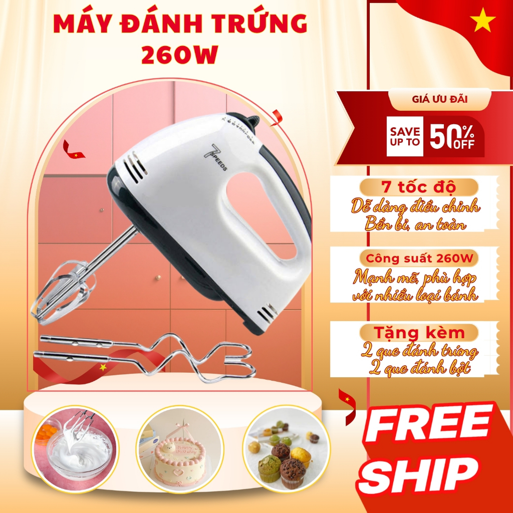 Máy Đánh Trứng Cầm Tay 7 Tốc Độ - Máy Đánh Trứng Mini Đa Năng - Động Cơ Lõi Đồng Mạnh Mẽ - Bảo Hành 3 Tháng