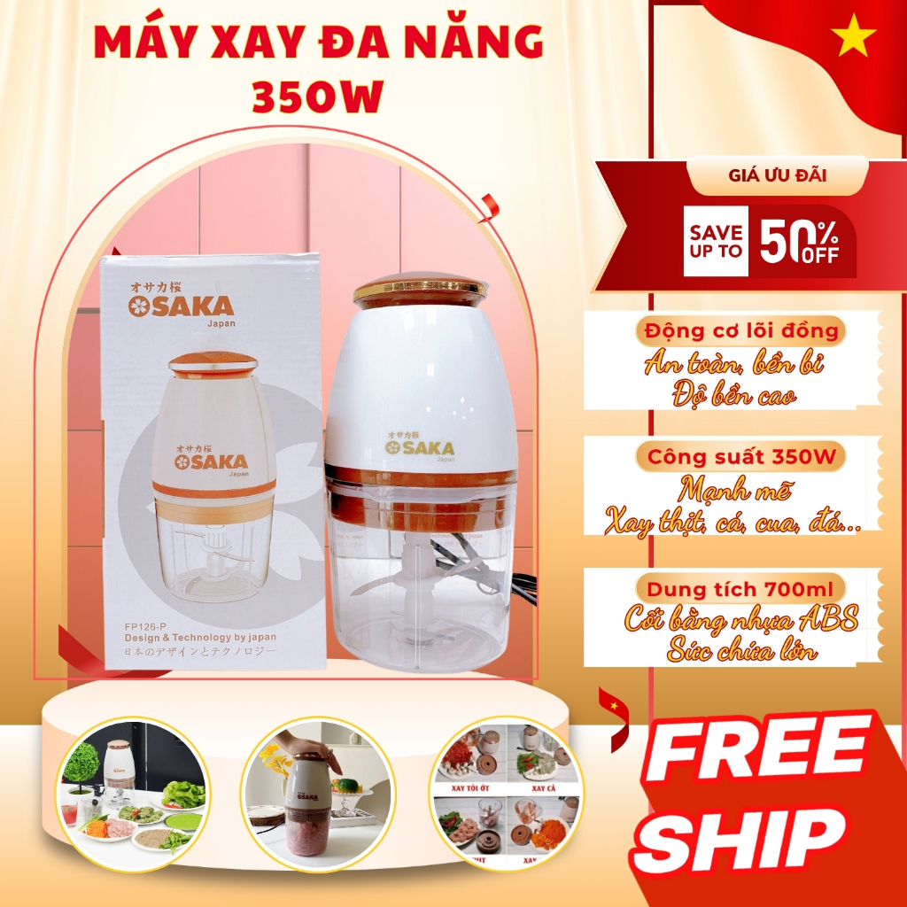 Máy Xay Đa Năng OSAKA Nắp Đồng Japan Cao Cấp FP126P Dung Tích 700ml - 350W - Xay Thịt Cá Rau Củ - Xay Sinh Tố - Xay Đá