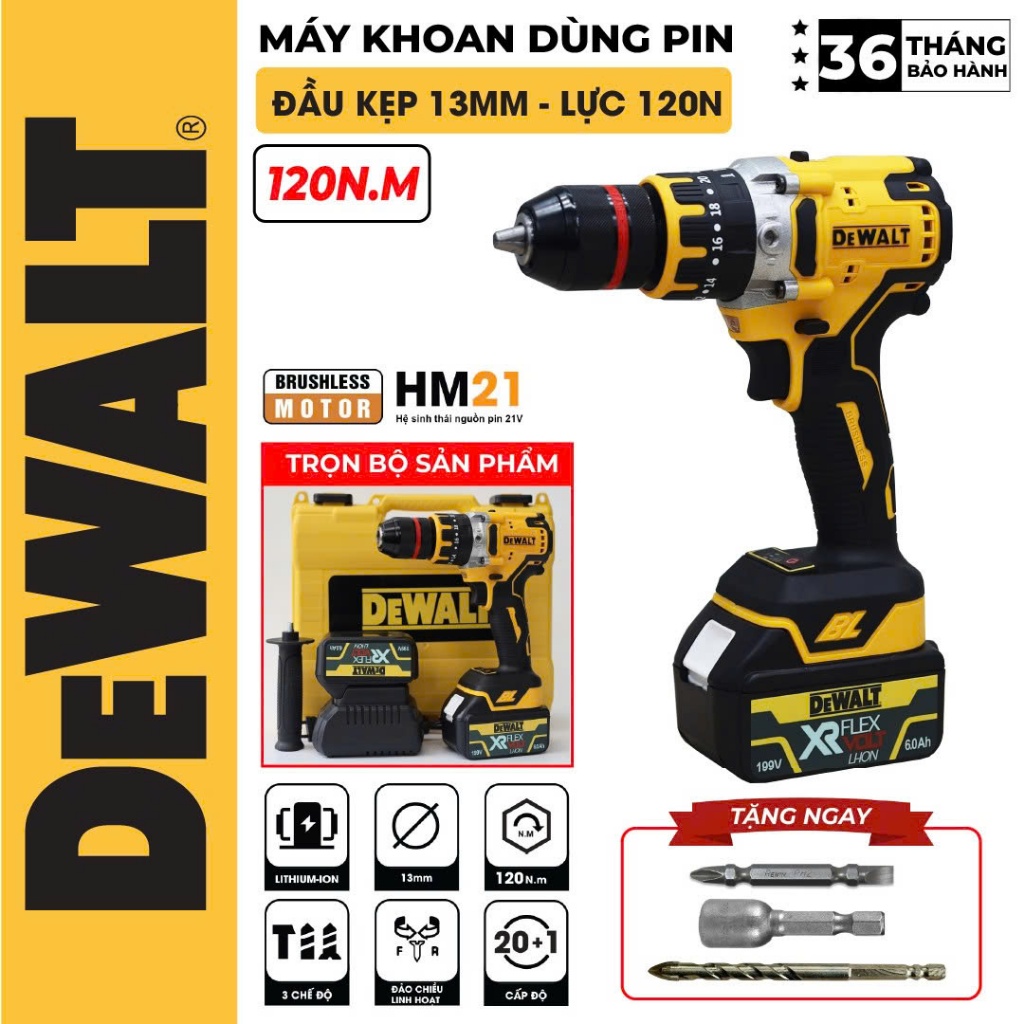 Máy Khoan Pin Dewat 199V Động Cơ Không Chổi Than, Đầu Auto Lock Thép 13mm, chân pin phổ thông M21