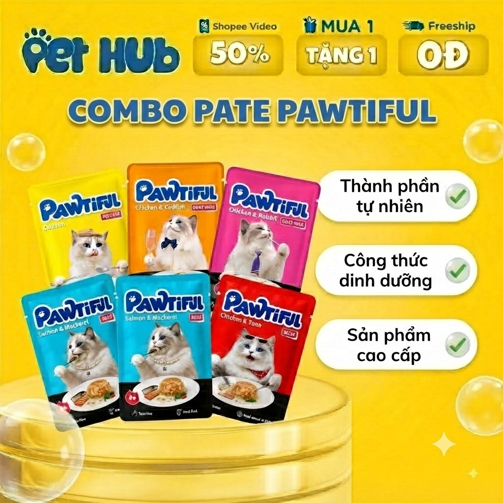 [COMBO 20-10-5] Pate Gói Sữa Dê Pawtiful , Pate Dạng Mousse , Jelly Thạch Dành Cho Mèo - Gói 70G