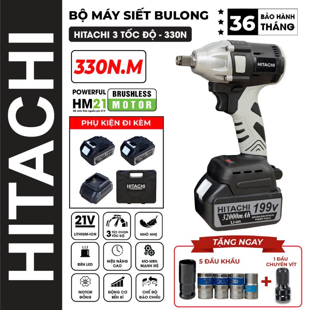 Siết bulong, Máy Vặn Vít Hitachi 199vf KHÔNG CHỔI THAN, Mở vặn ốc cực khoẻ - Đầu Bulong 2 Trong 1