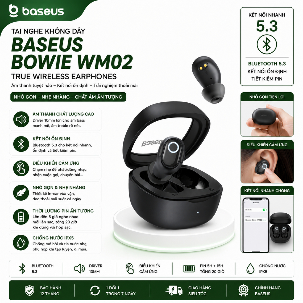 Tai Nghe Không Dây Baseus Bowie WM01 WM02 True Wireless Earphones | BigBuy360 - bigbuy360.vn