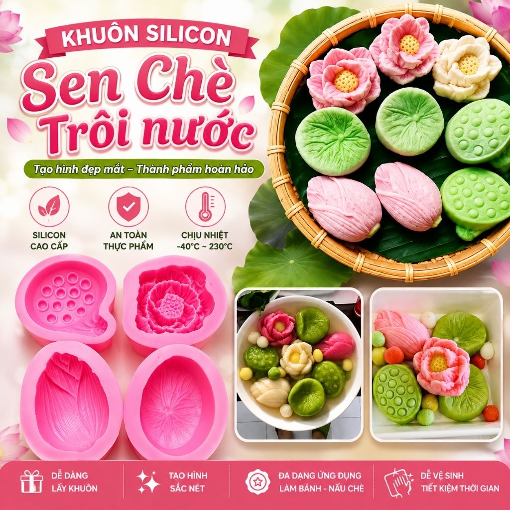 Set 1-4 khuôn silicon Sen làm chè trôi nước, rau câu, bánh da lợn.