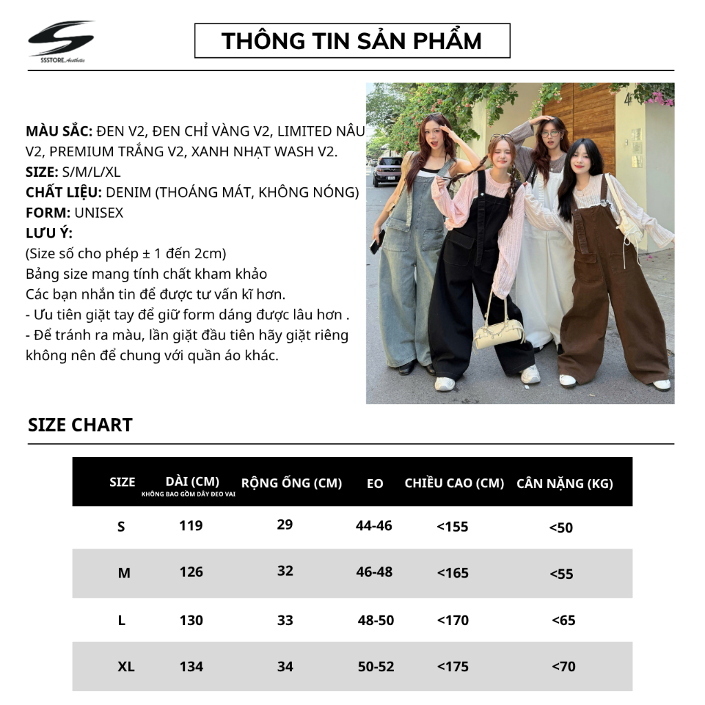 [Deal Độc Quyền ShopeeVIP] Quần Yếm Jean Nữ Ống Cong Form Rộng Unisex Nam Nữ Yếm Bò Denim Dày Dặn | SSSTORE.Aesthetic | BigBuy360 - bigbuy360.vn
