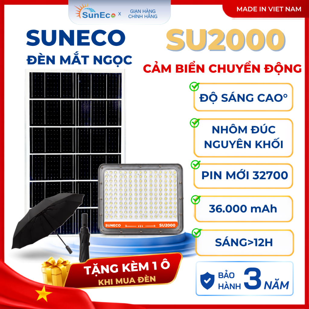 (Tặng Ô Dù) Đèn Năng Lượng Mặt Trời Cảm Biến SUNECO SU2000 Chóa Mắt Ngọc, Pin 32700, Rãnh Tản Nhiệt