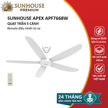 Quạt trần SUNHOUSE APEX APF7668W quạt 5 cánh, remote điều khiển - Bảo hành 24 tháng