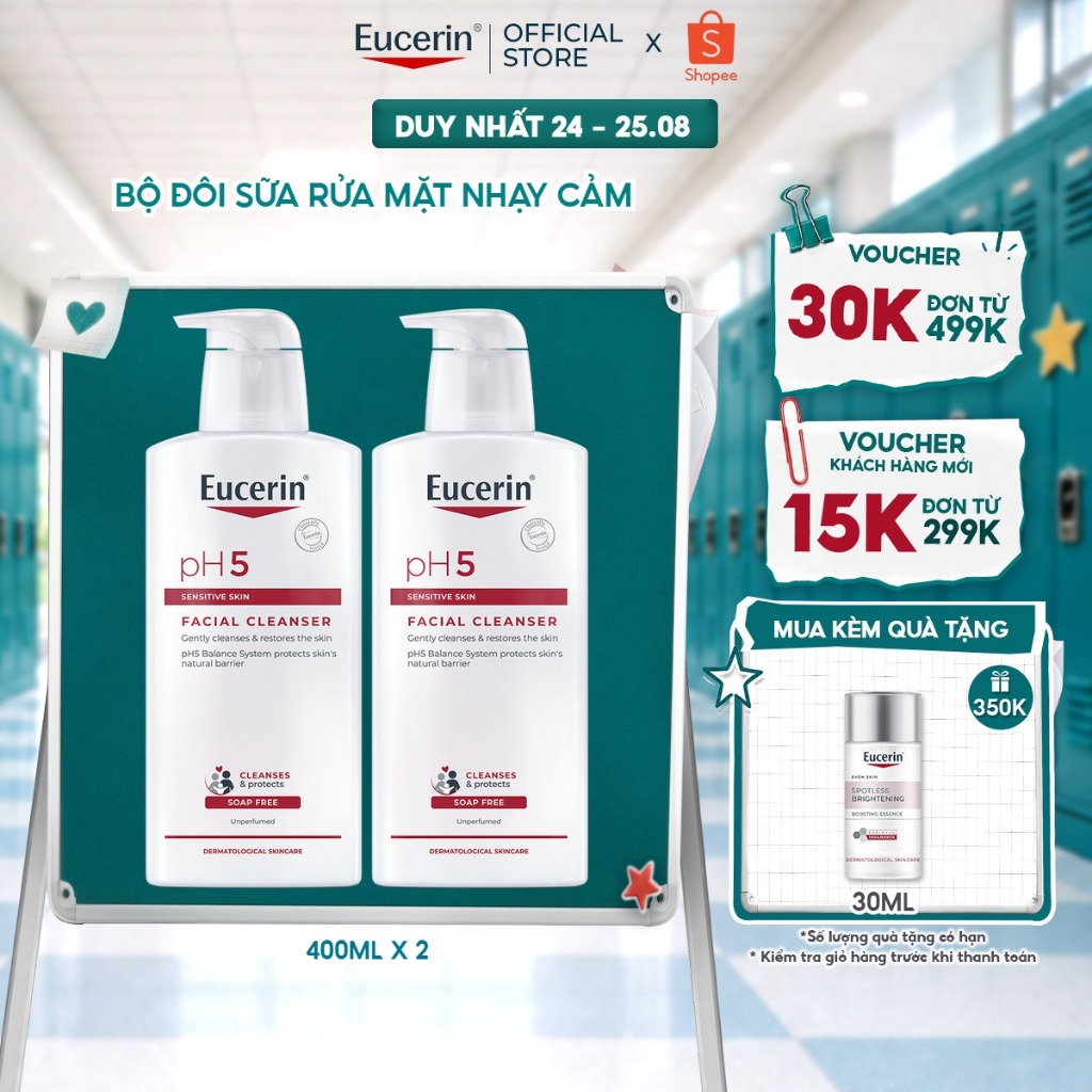 Bộ 2 Sữa rửa mặt cho da nhạy cảm Eucerin pH5 Facial Cleanser 400ml