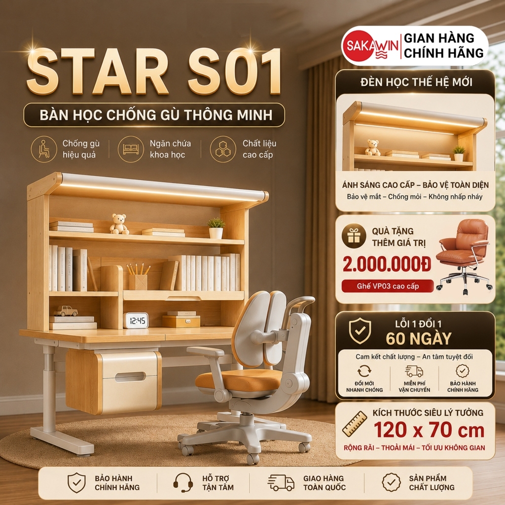 [Mẫu Mới 2027] Bộ bàn học cho bé cao cấp Sakawin STAR S01 Bàn học sinh thông minh chống gù chống cận.