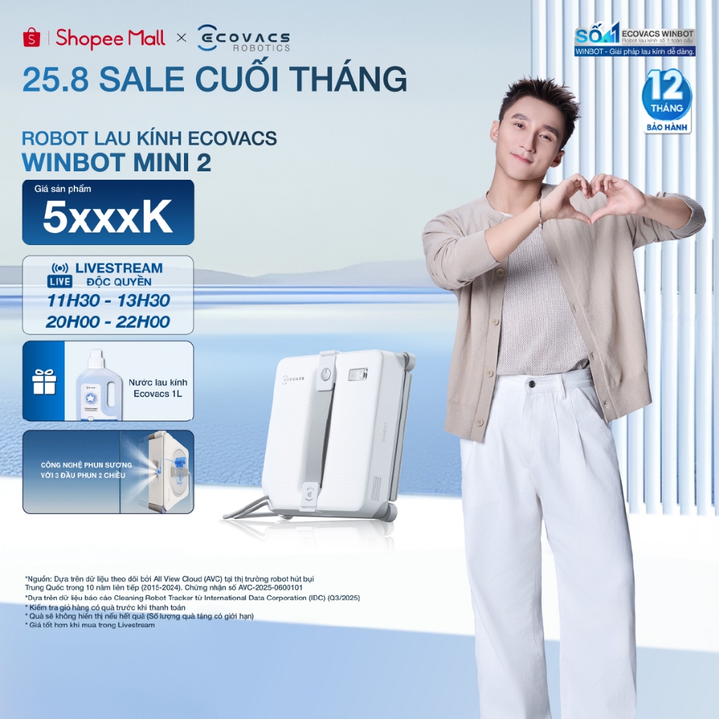 Ecovacs Winbot Mini 2 Robot lau kính thông minh | Lực hút chân không 8.000Pa | Phun nước tự động | BH 12 tháng