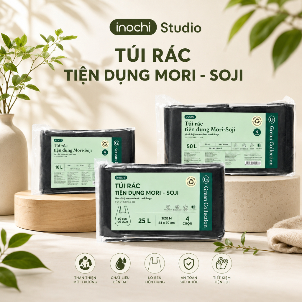Túi rác tự huỷ sinh học Inochi có quai tiện dụng dạng cuộn nhiều màu, mùi hương dài và dai hơn 20%