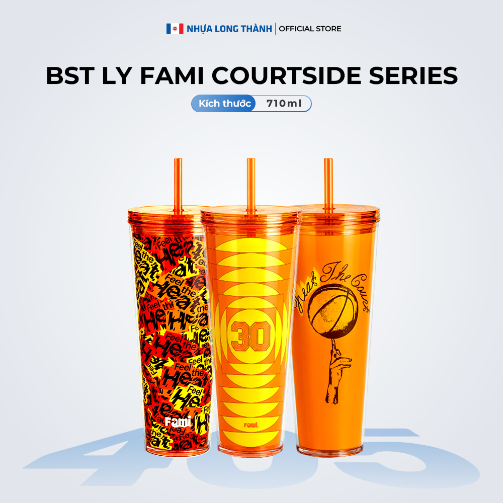 Ly nhựa 2 lớp LY FAMI COURTSIDE 710ml, nhựa SAN nguyên sinh, ly nhựa có nắp đậy và ống hút tiện lợi
