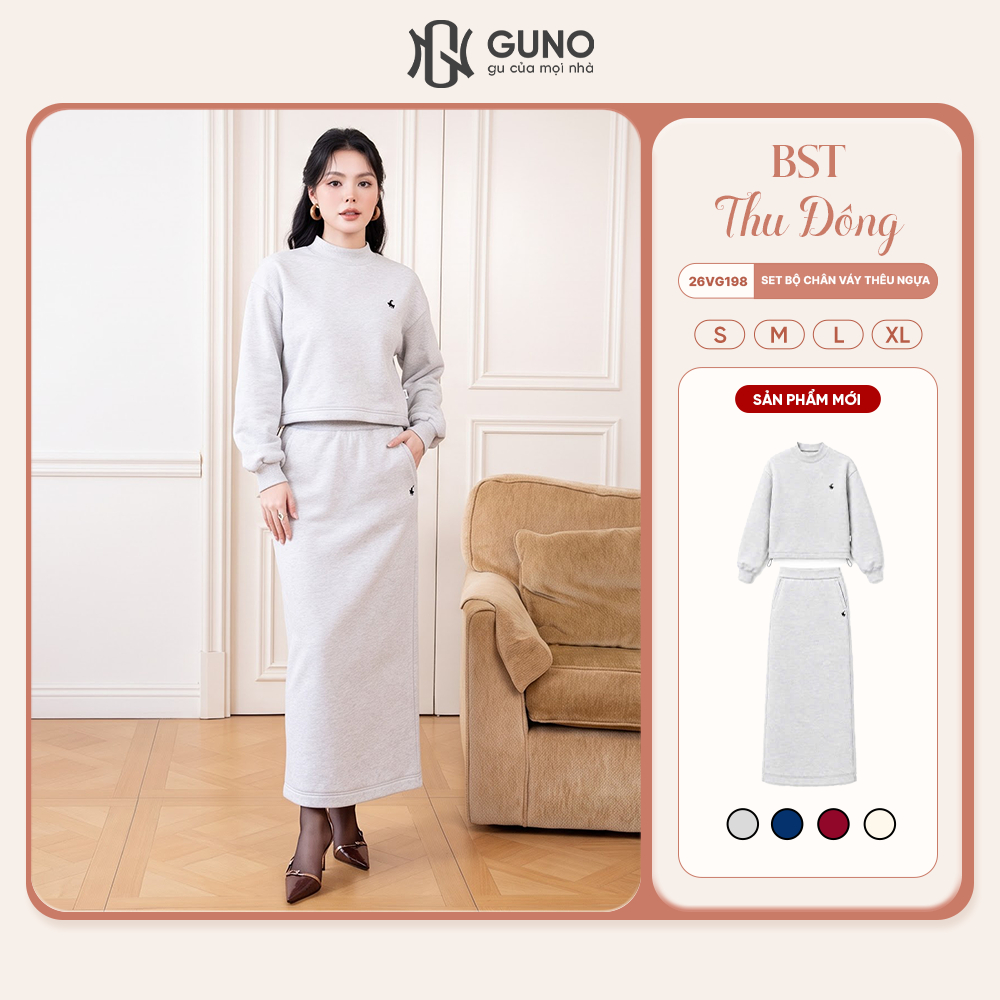 Set Váy Nỉ Nữ GUNO Dáng Dài Cao Cấp Thêu Ngựa Cổ Tròn Bo Viền Phối Chân Váy Suông Thu Đông 26VG198