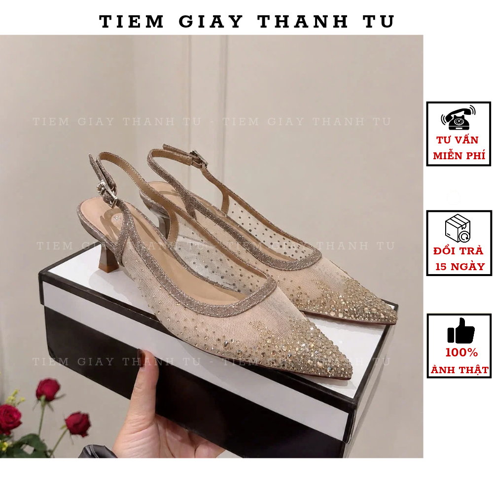 H366-10 Giày cao gót nữ quai hậu (slingback) đính đá lấp lánh, thiết kế mũi nhọn sang trọng - Đi tiệc cực xinh