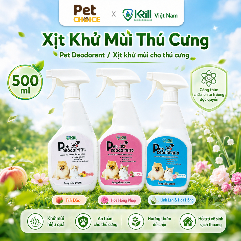 Xịt khử mùi, khử khuẩn Krill, xịt vệ sinh chó mèo, chậu cát, hỗ trợ pet đi vệ sinh đúng chỗ 500ml