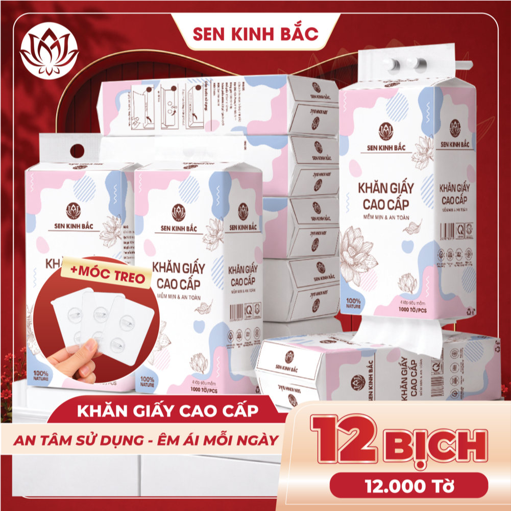 [ COMBO 12 BỊCH ] Giấy rút đáy Sen Kinh Bắc 1000 tờ 4 lớp mềm mịn, giấy đa năng treo tường thành phần bột gỗ tự nhiên