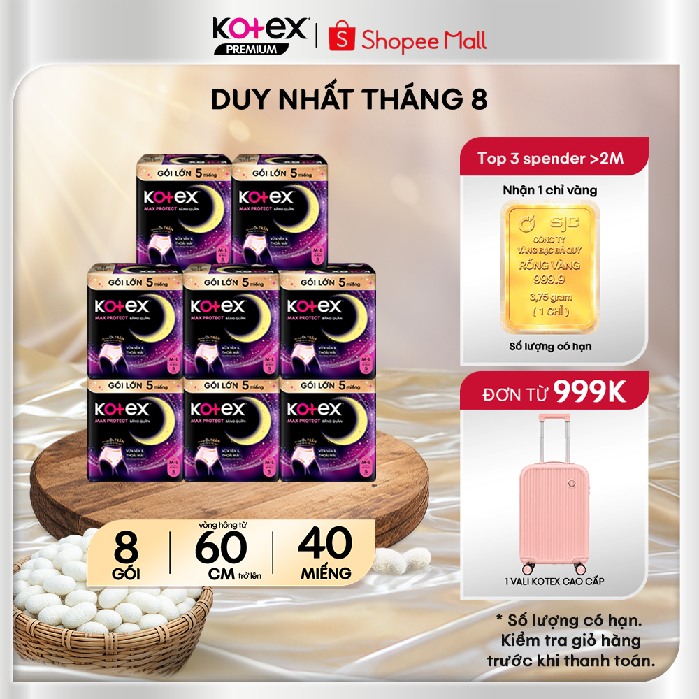 Combo 8 Gói  Băng Vệ Sinh Quần Kotex Ban Đêm Chống Tràn 2 Bên, Siêu Thoáng Khí, Siêu Mỏng 0.08cm Cỡ M/L 5 Miếng/Gói